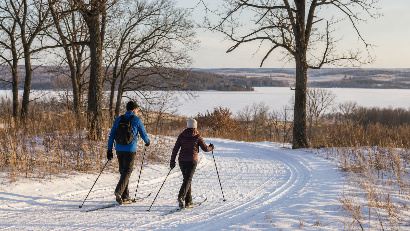 Two adults ski on a groomed land trail through open oak woodland with a frozen lake in the distance