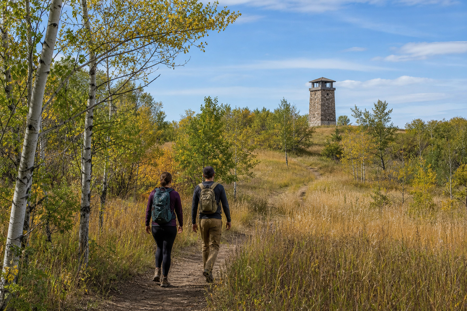 Two hikers follow a prairie and aspen trail toward a stone observation tower