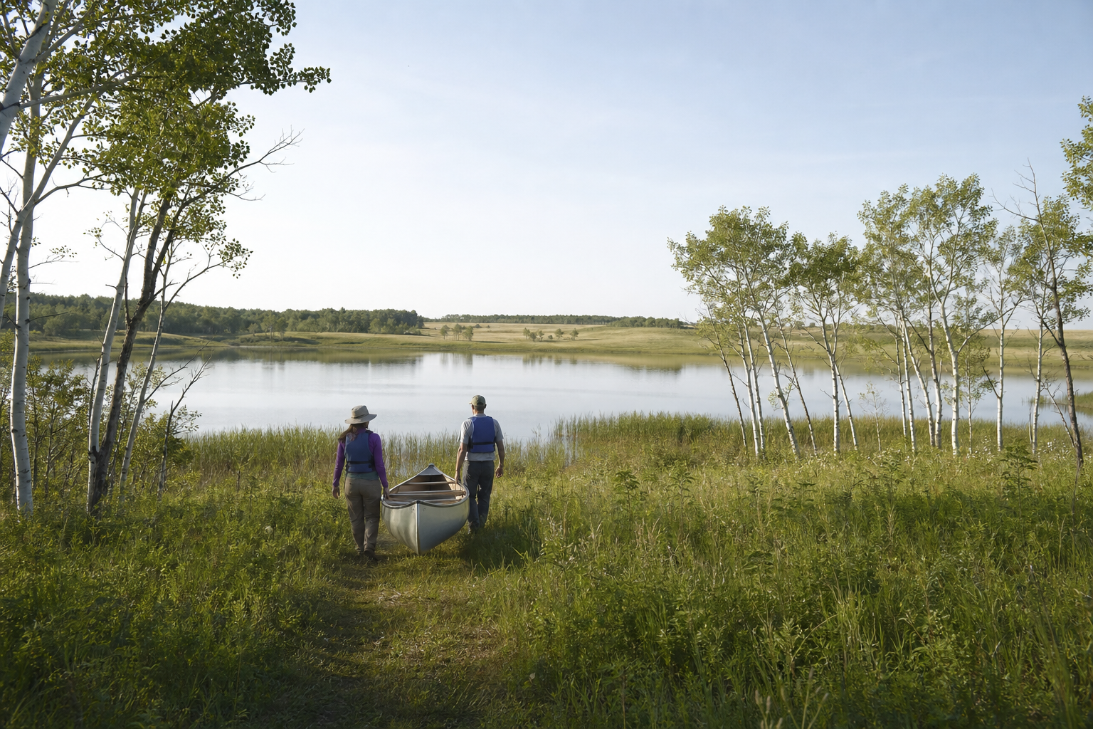 Two adults in life jackets carry a canoe toward a small prairie and aspen lake