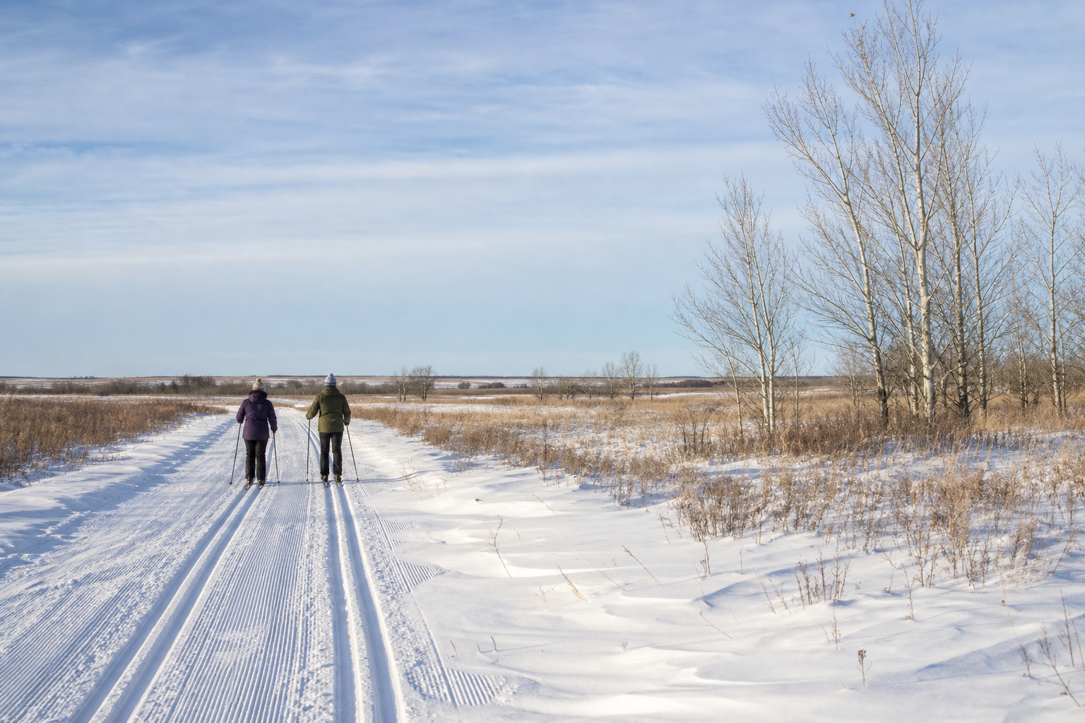 Two cross-country skiers follow a groomed land trail through snowy prairie and sparse aspen