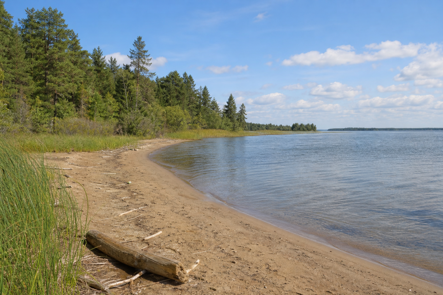 A sandy, reed-edged northern bay curving toward broad blue water and forest