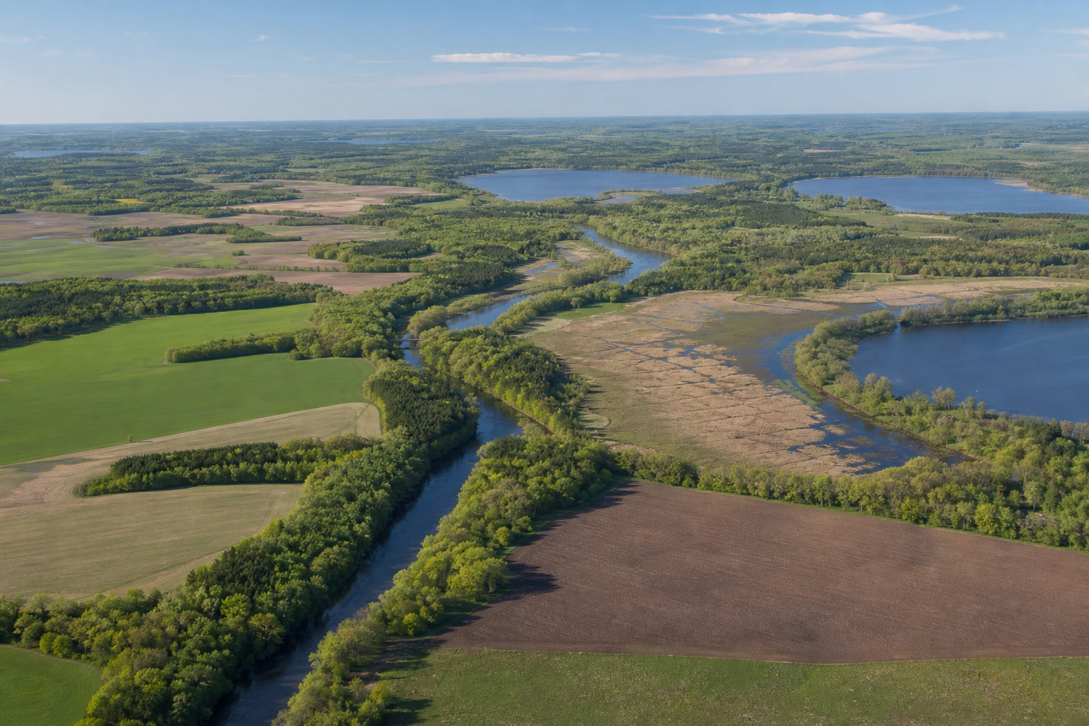 High view of a wooded river corridor, farm fields, wetlands and scattered lakes