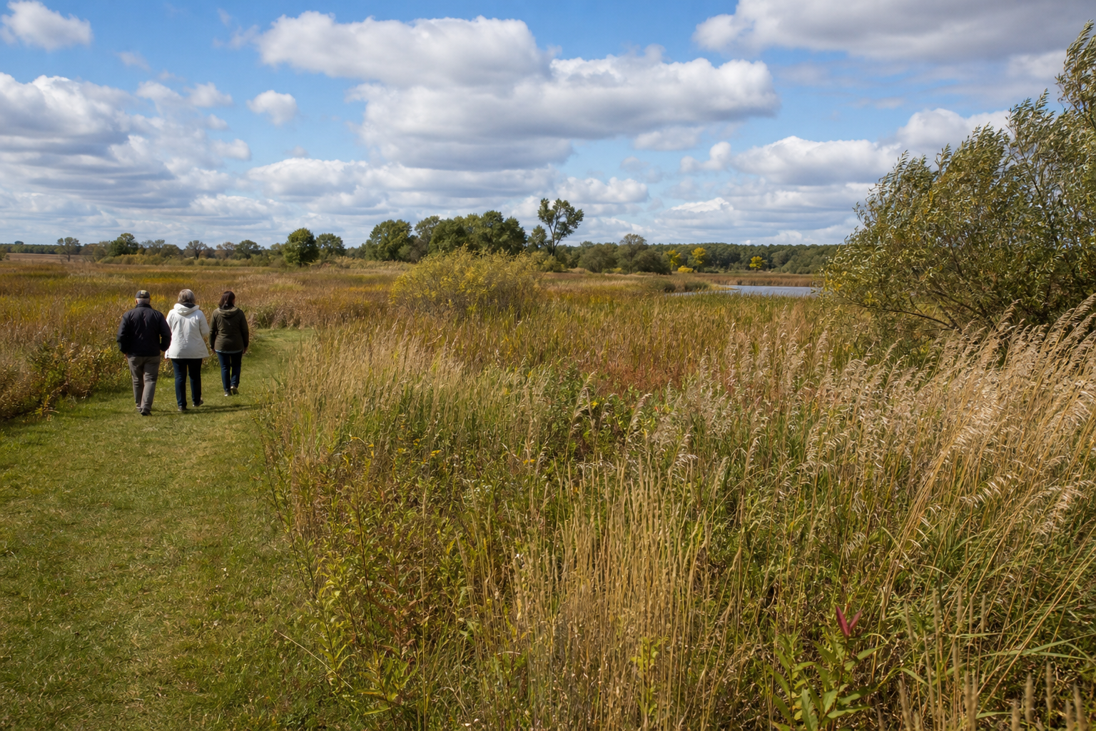Three adults walk a grass path through tallgrass prairie beside a wetland