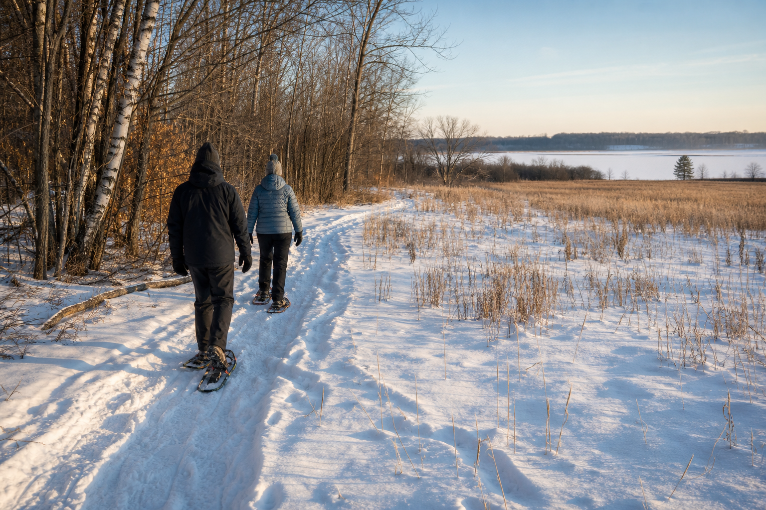 Two adults snowshoe on a snowy land trail between hardwoods and open prairie