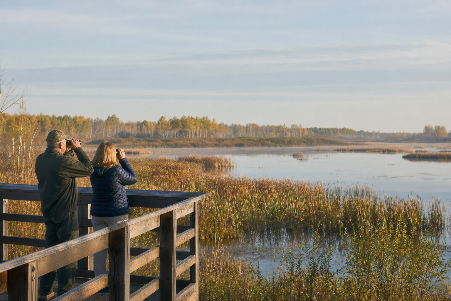 Two adults use binoculars from a platform overlooking a shallow marsh basin