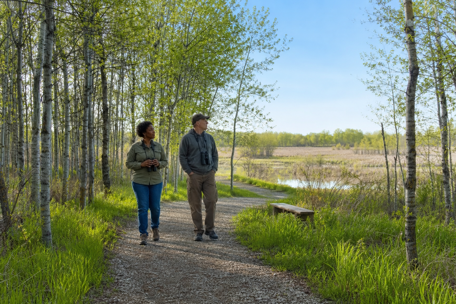 Two adults walk a crushed-rock trail through aspens beside a sedge wetland