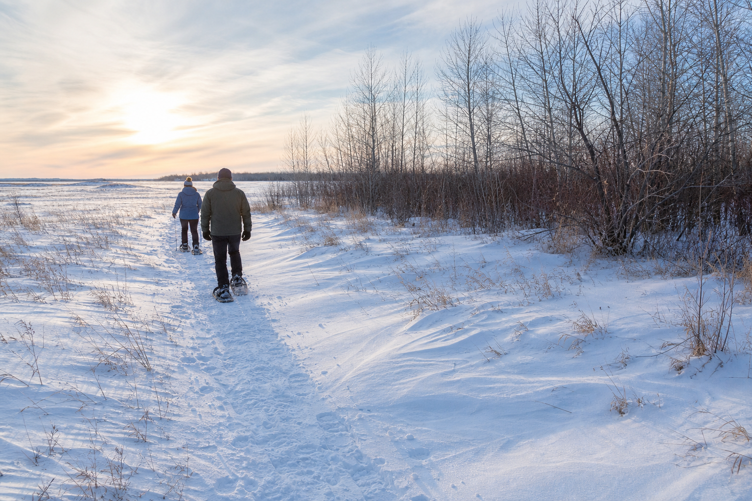 Two adults snowshoe on a snowy land trail between hardwoods and open prairie