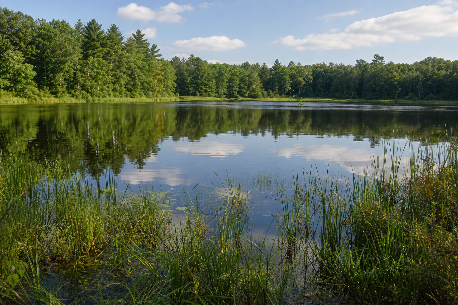 Quiet small lake edged by sedges, hardwoods and white pine