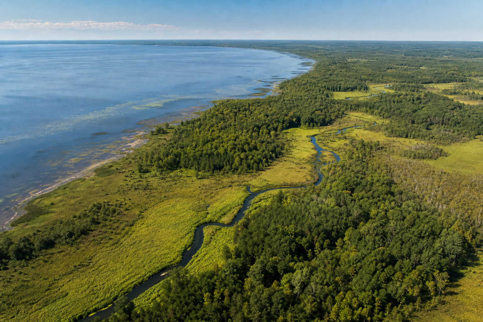 Aerial view of a broad lake shore, wetlands, hardwood forest and a winding river