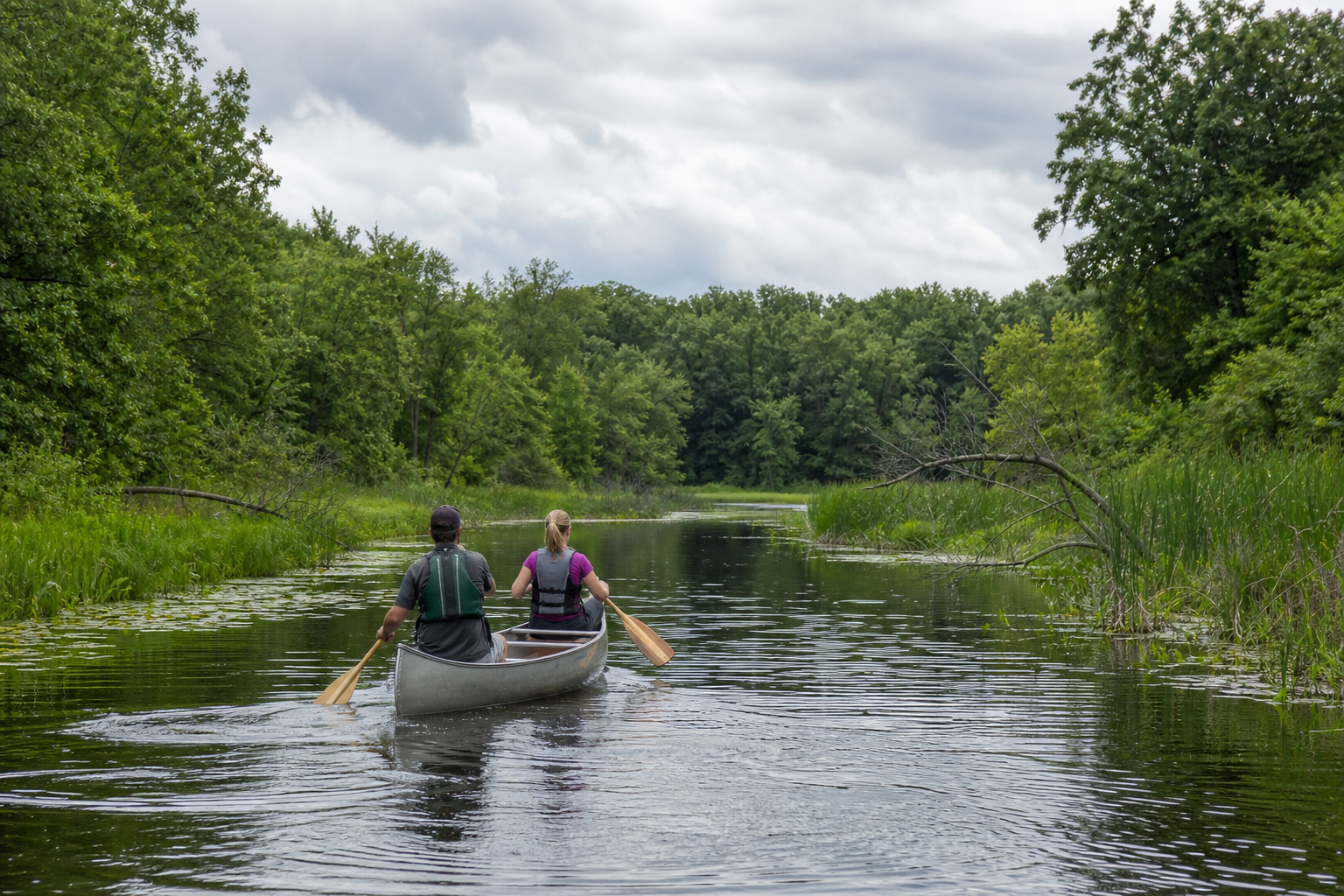 Two life-jacketed adults canoe on a narrow river through hardwood forest and marsh