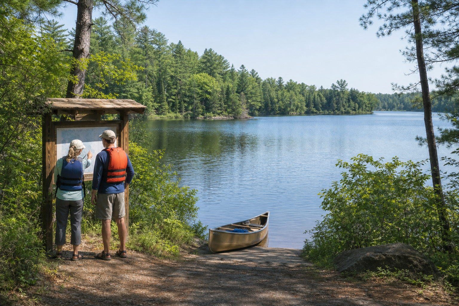Two adults in life jackets compare a map beside a canoe and forest lake