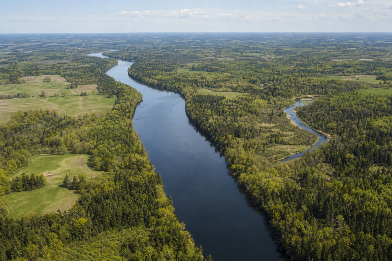 Elevated view of a broad river spine, tributary, mixed forest and farm clearings