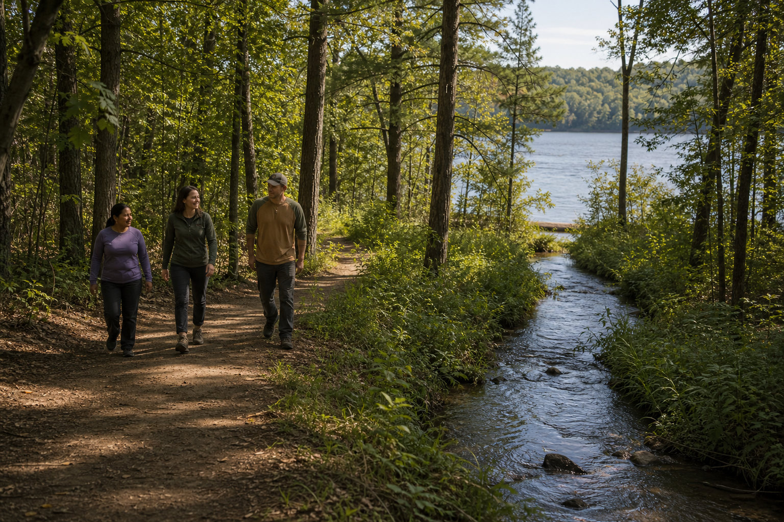 Three adults walk a wooded land trail beside a creek with a broad river beyond