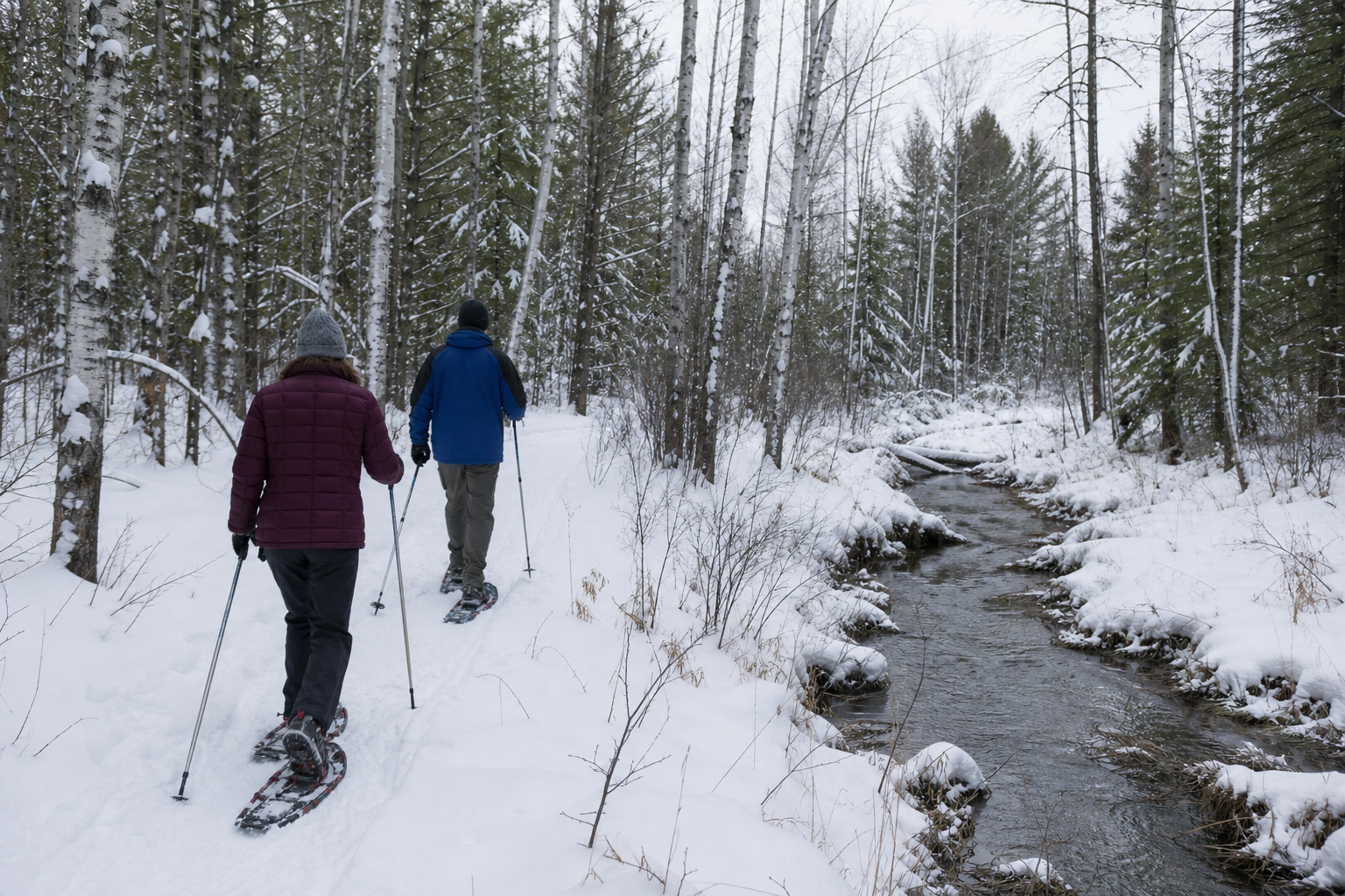 Two adults snowshoe on a snowy woodland trail beside an unfrozen creek