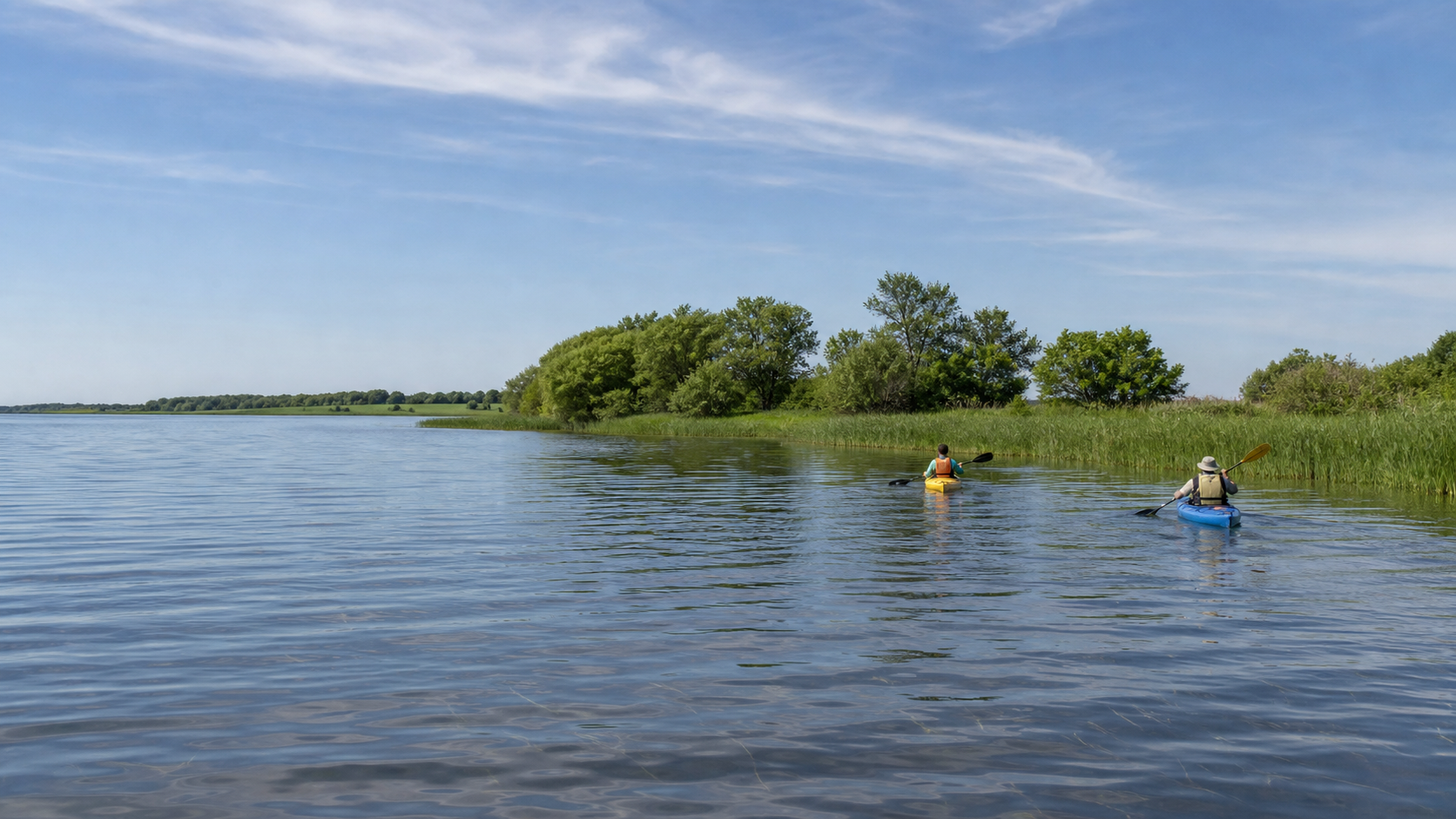 Two distant paddlers wearing life jackets on an illustrative prairie lake