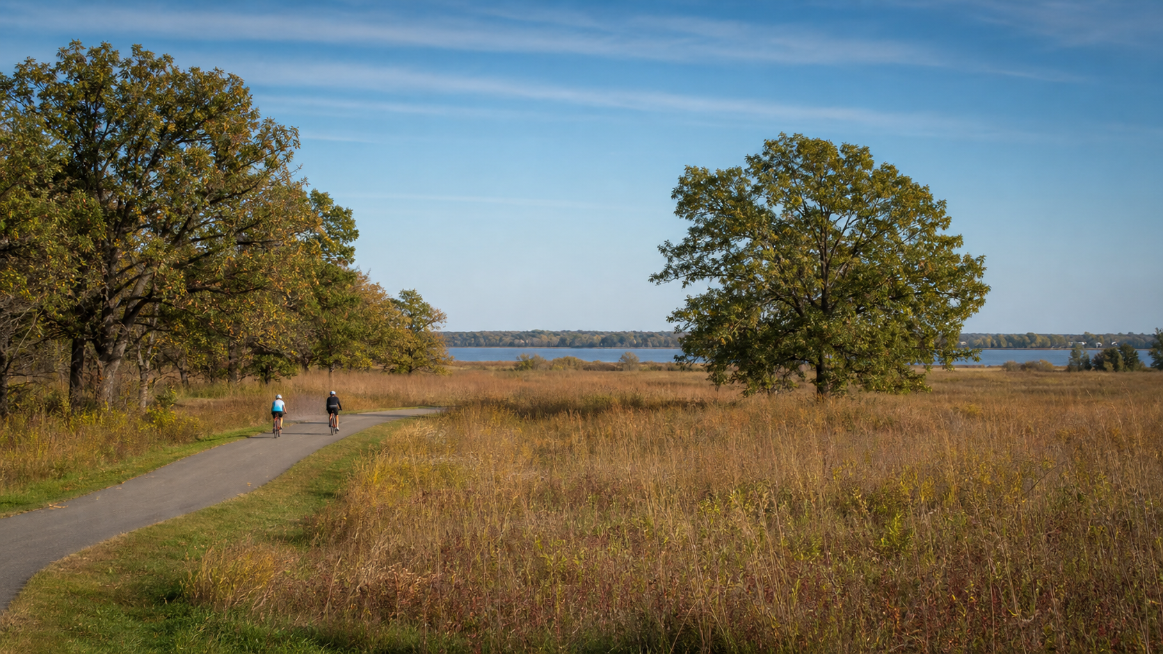 Two distant cyclists on an illustrative paved prairie trail near a lake