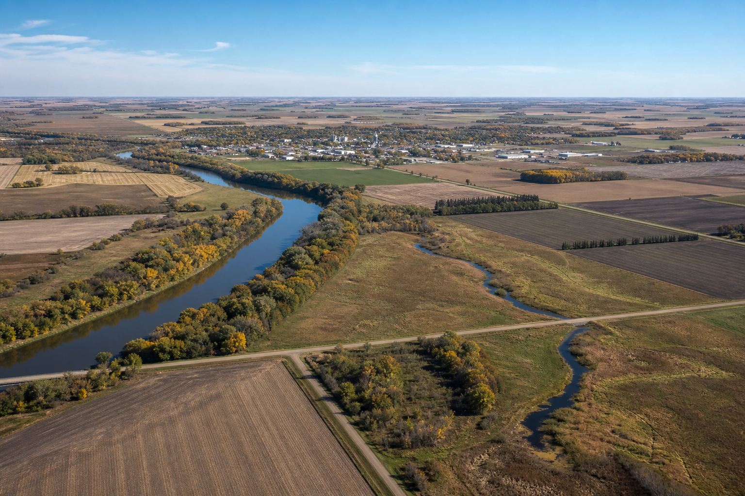 Elevated view of prairie rivers, rectangular fields, shelterbelts and a compact town
