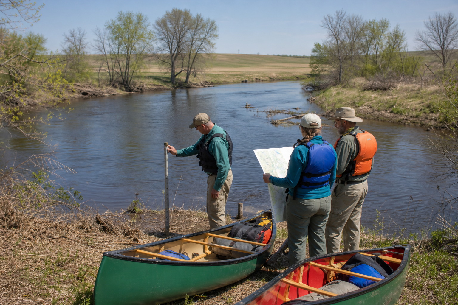 Three adults in life jackets check a prairie river and route beside grounded canoes