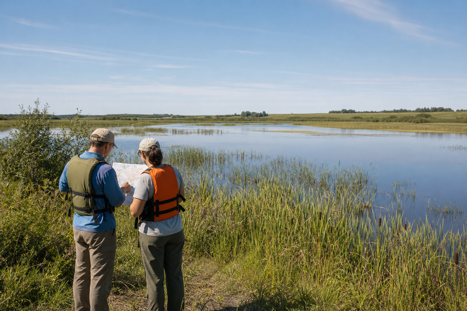Two adults in life jackets consult a map beside a shallow prairie water basin