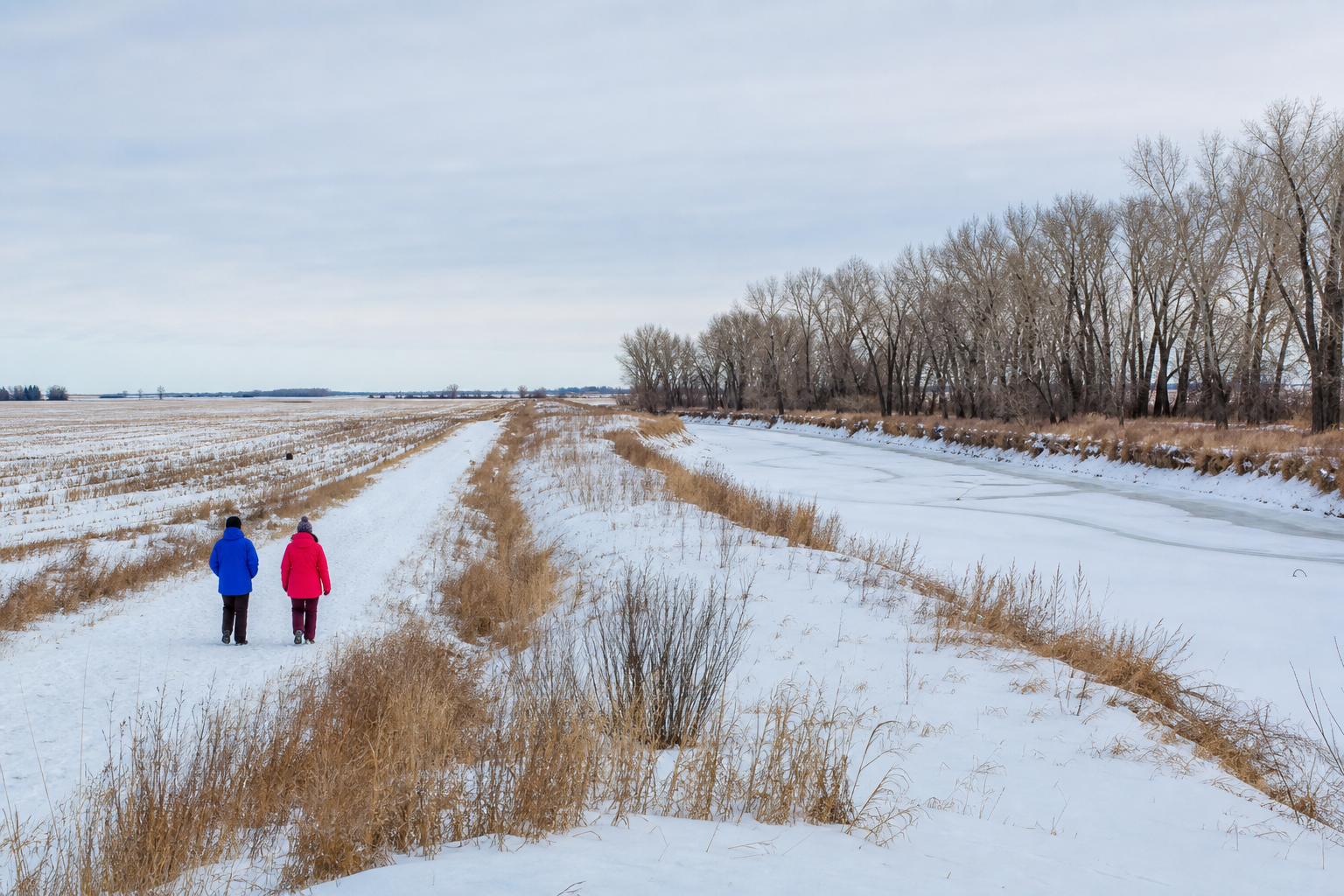 Two adults walk on a snowy prairie land route set back from a narrow river