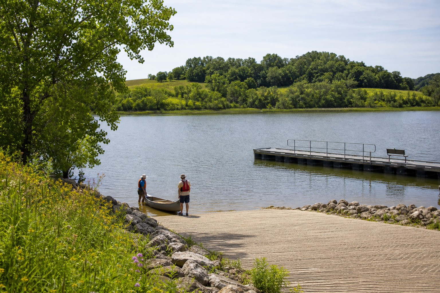 Two adults wearing life jackets launch a canoe at an illustrative county reservoir beside prairie and hardwoods