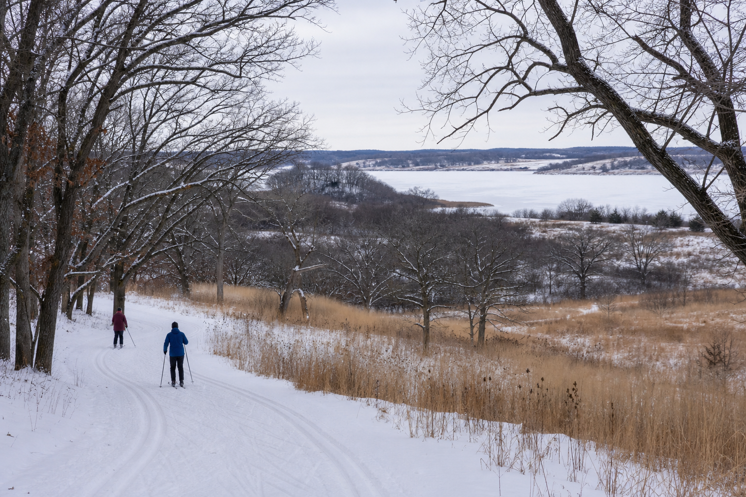 Two adults cross-country ski on an illustrative bluff-country land trail with a frozen reservoir in the distance