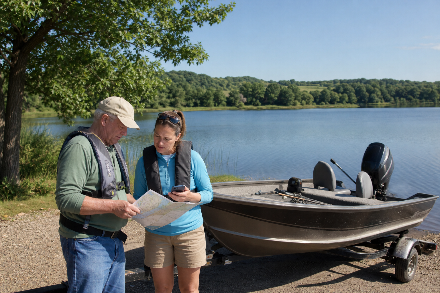 Two adults in life jackets compare a map and phone beside a grounded fishing boat