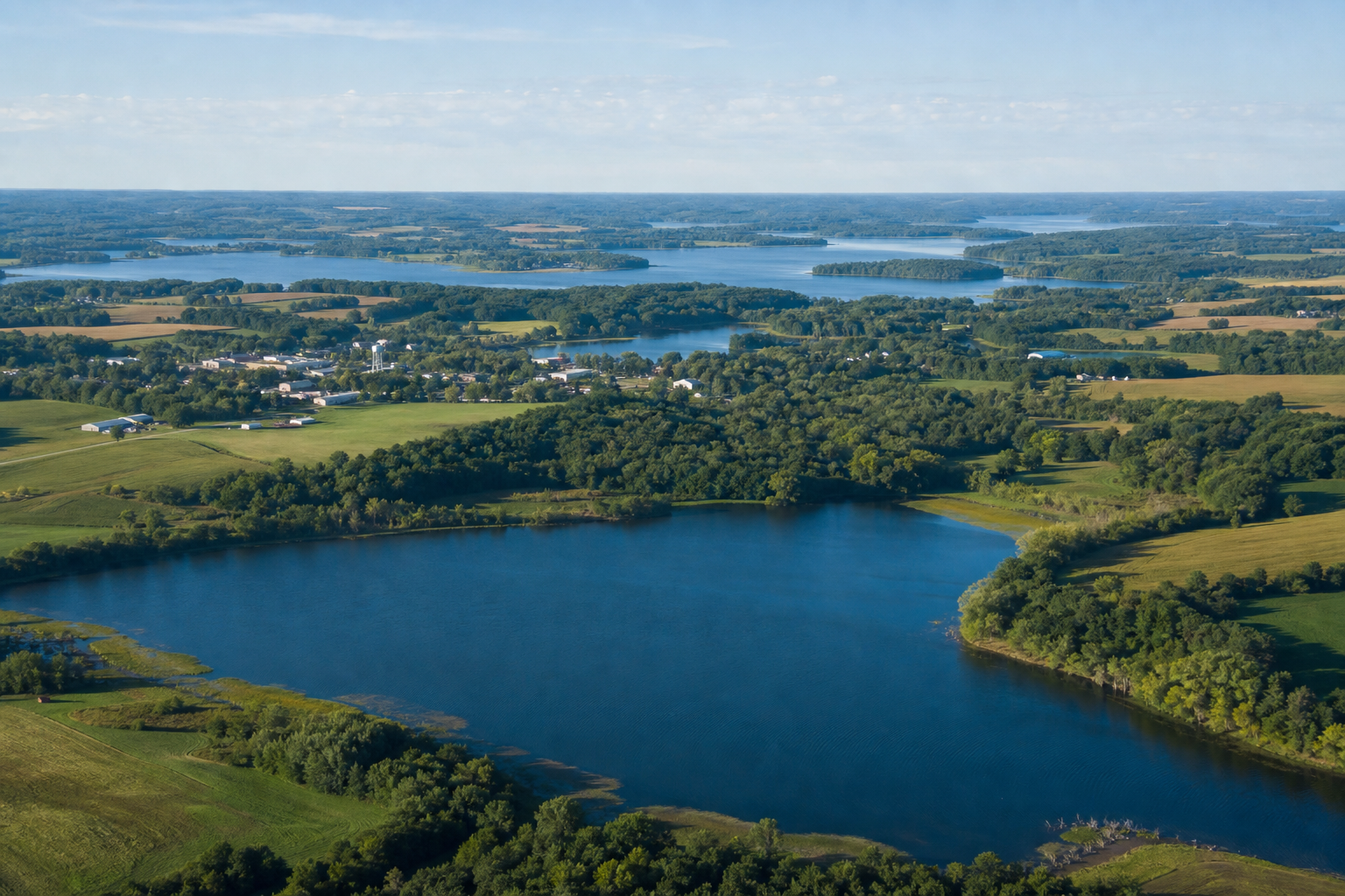 Elevated view of several blue lakes, rolling wooded ridges, farms and a small community