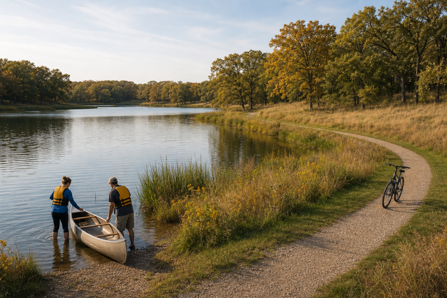 Two adults in life jackets launch a canoe beside prairie, oak woodland and a gravel bicycle trail