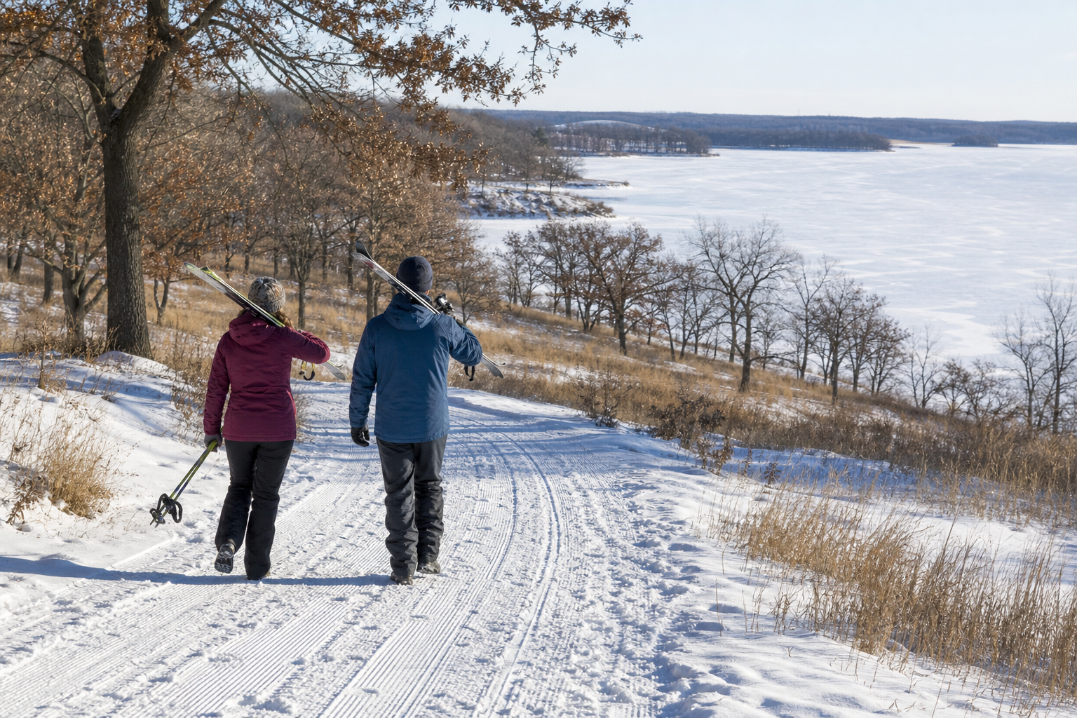 Two adults carry cross-country skis on a snowy land trail above a frozen lake