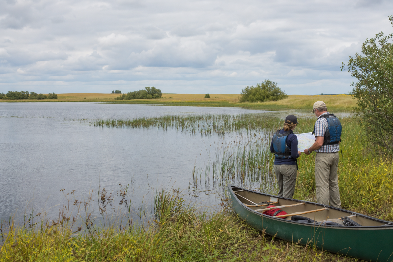 Two adults in life jackets identify a shallow prairie-margin lake beside a grounded canoe