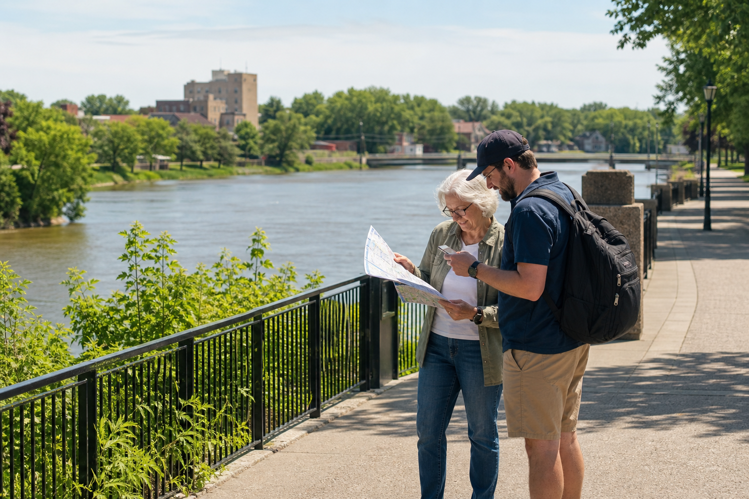Two adults compare a map and phone beside a paved, tree-lined river walk