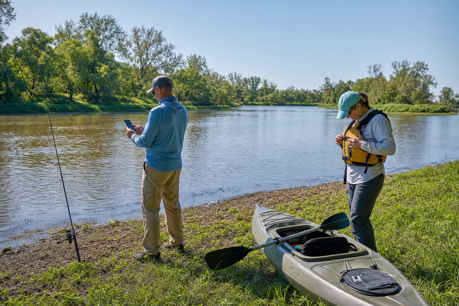 An angler checks a phone while another adult fastens a life jacket beside a kayak on a broad riverbank