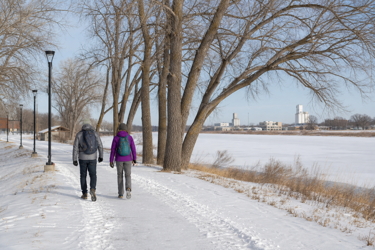 Two adults walk on a snow-covered land trail beside a frozen-looking city river