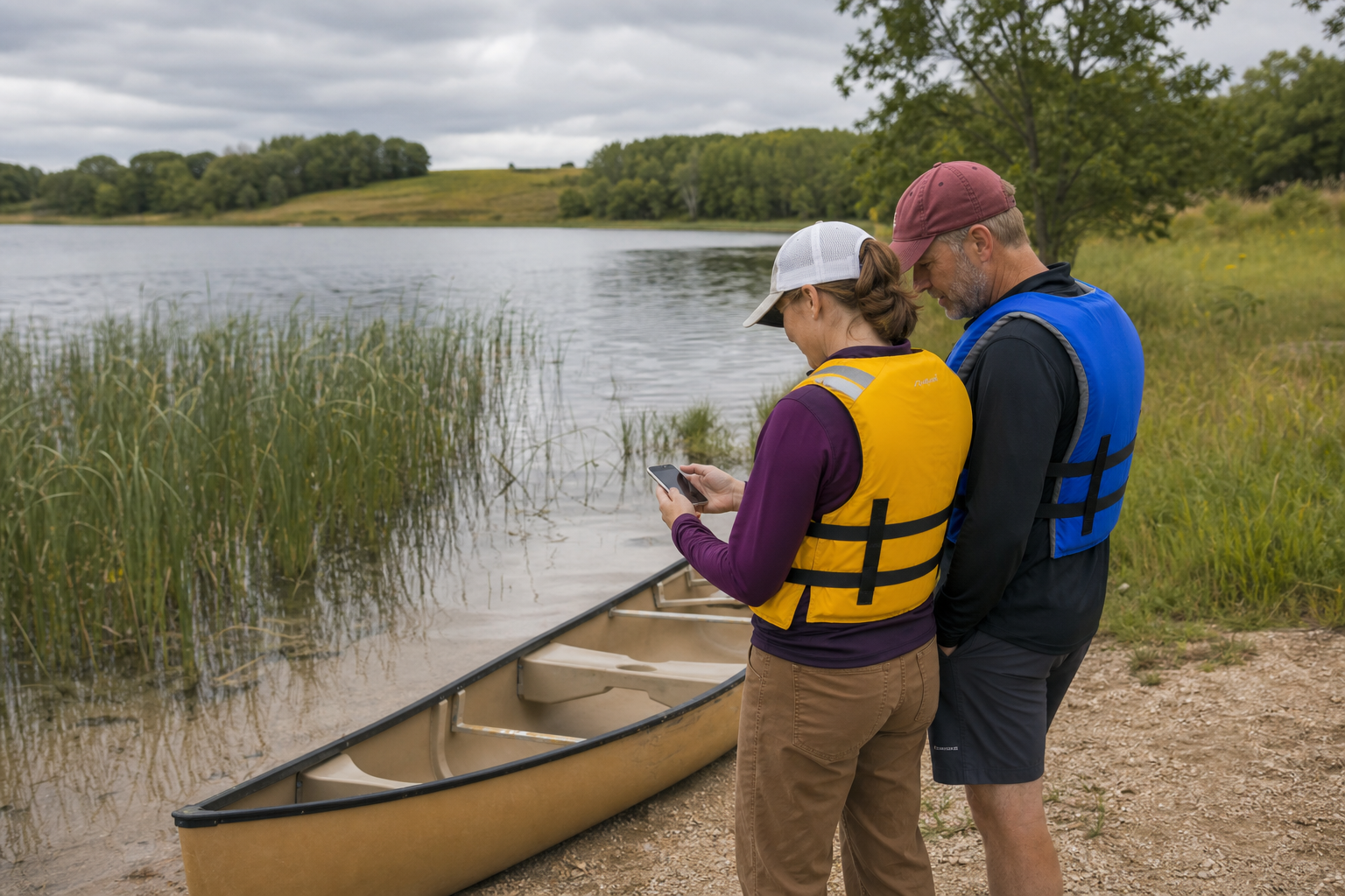 Two adults in life jackets verify a modest reed-edged lake beside a grounded canoe
