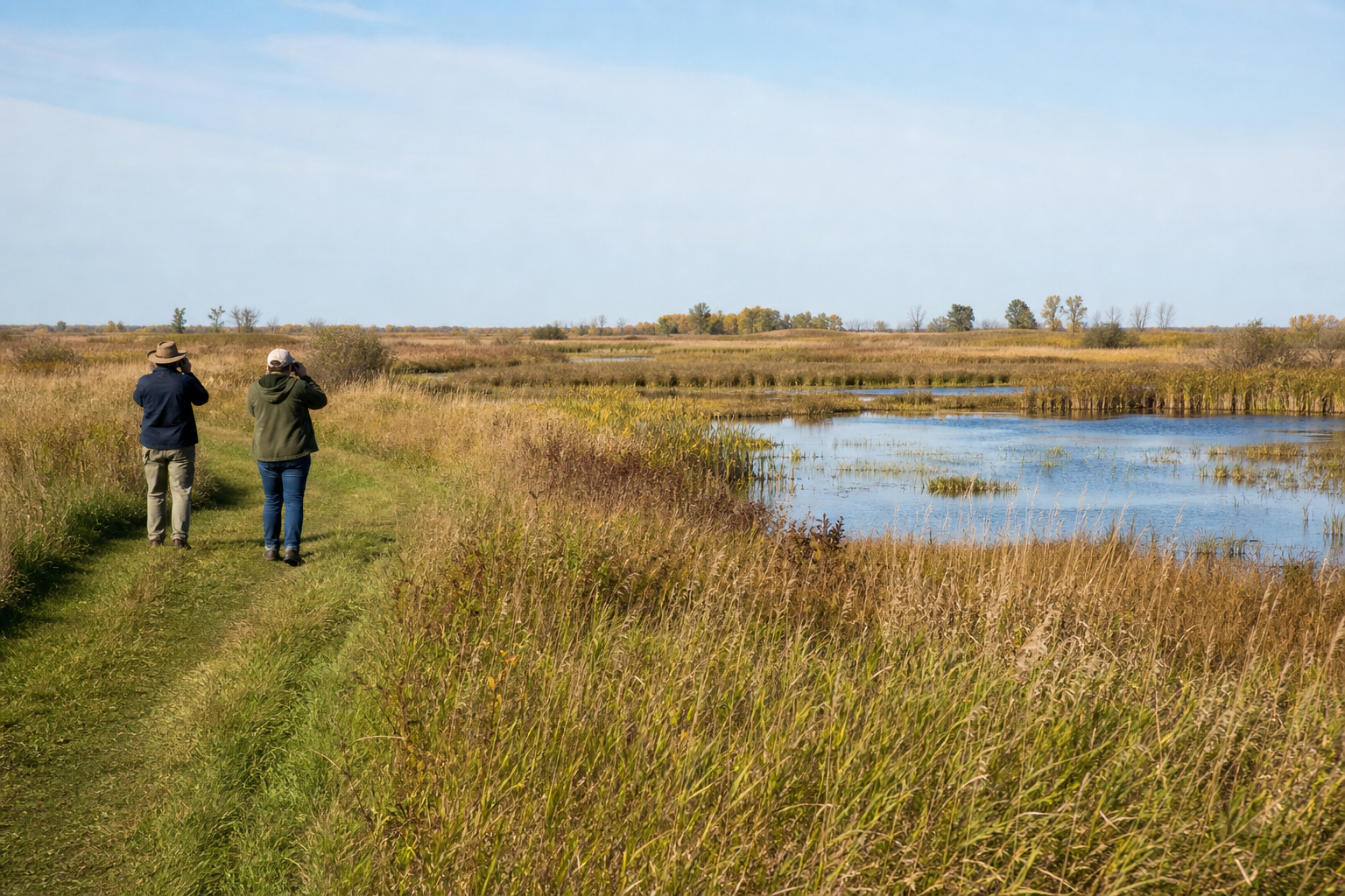 Two adults use binoculars while walking a mown route beside restored prairie wetlands