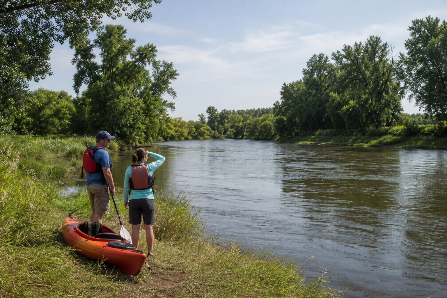 Two adults in life jackets assess a broad cottonwood-lined river from shore beside a grounded kayak