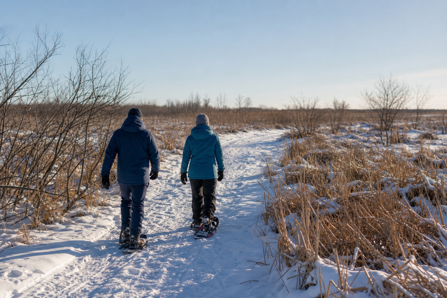 Two adults snowshoe on a snow-covered land route through dormant prairie wetland vegetation