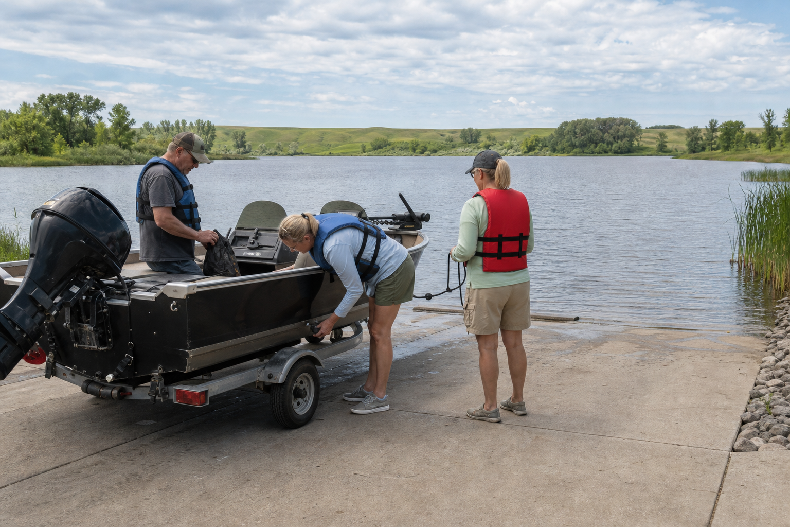 Three adults in life jackets check a fishing boat at a concrete lake access