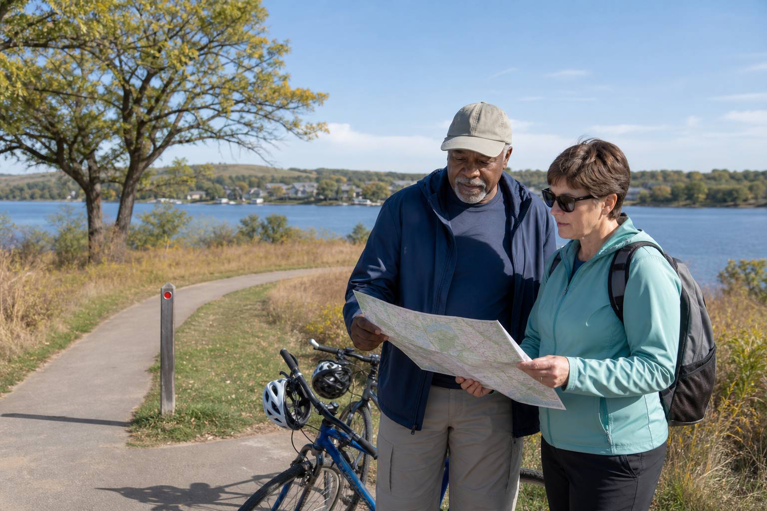 Two cyclists study a paper map on a paved trail above a broad lake and rolling hills