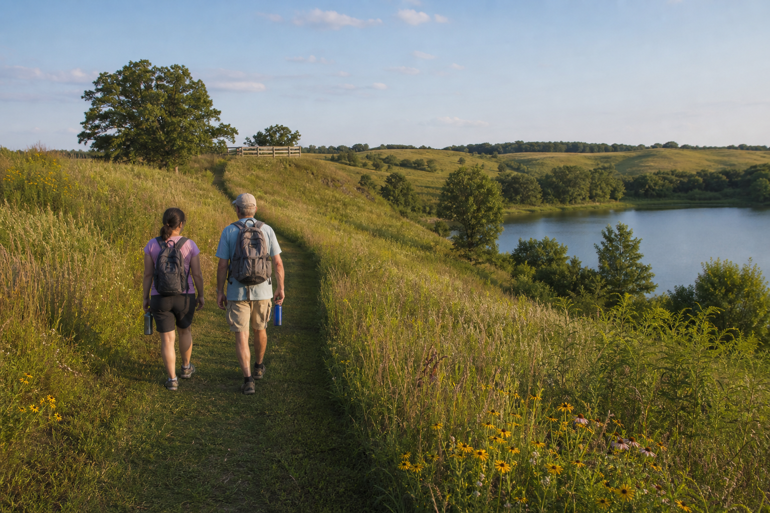 Two hikers follow a mown prairie trail above a small kettle lake and rolling oak hills