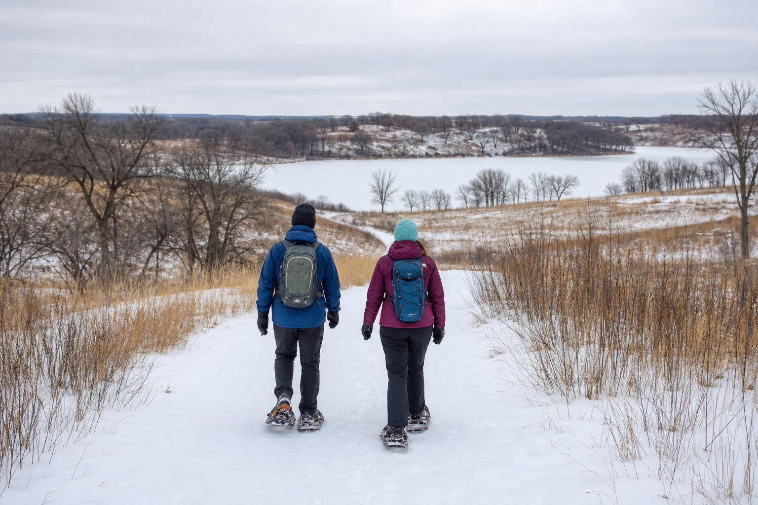 Two adults snowshoe on a land trail above a distant frozen kettle lake