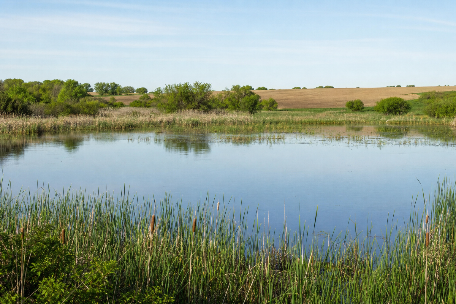 A small prairie-edge lake with cattails, low shrubs and farmland beyond