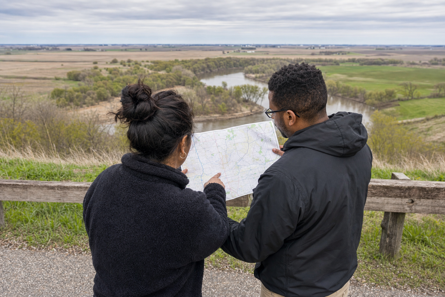 Two adults study a map above a wooded river corridor and open farmland