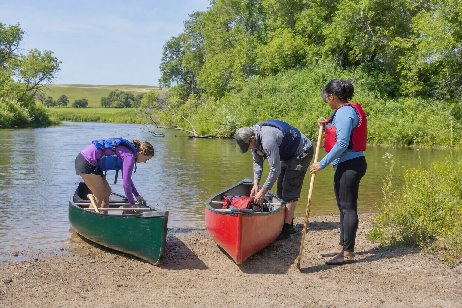 Three adults in life jackets prepare canoes at a simple wooded river access