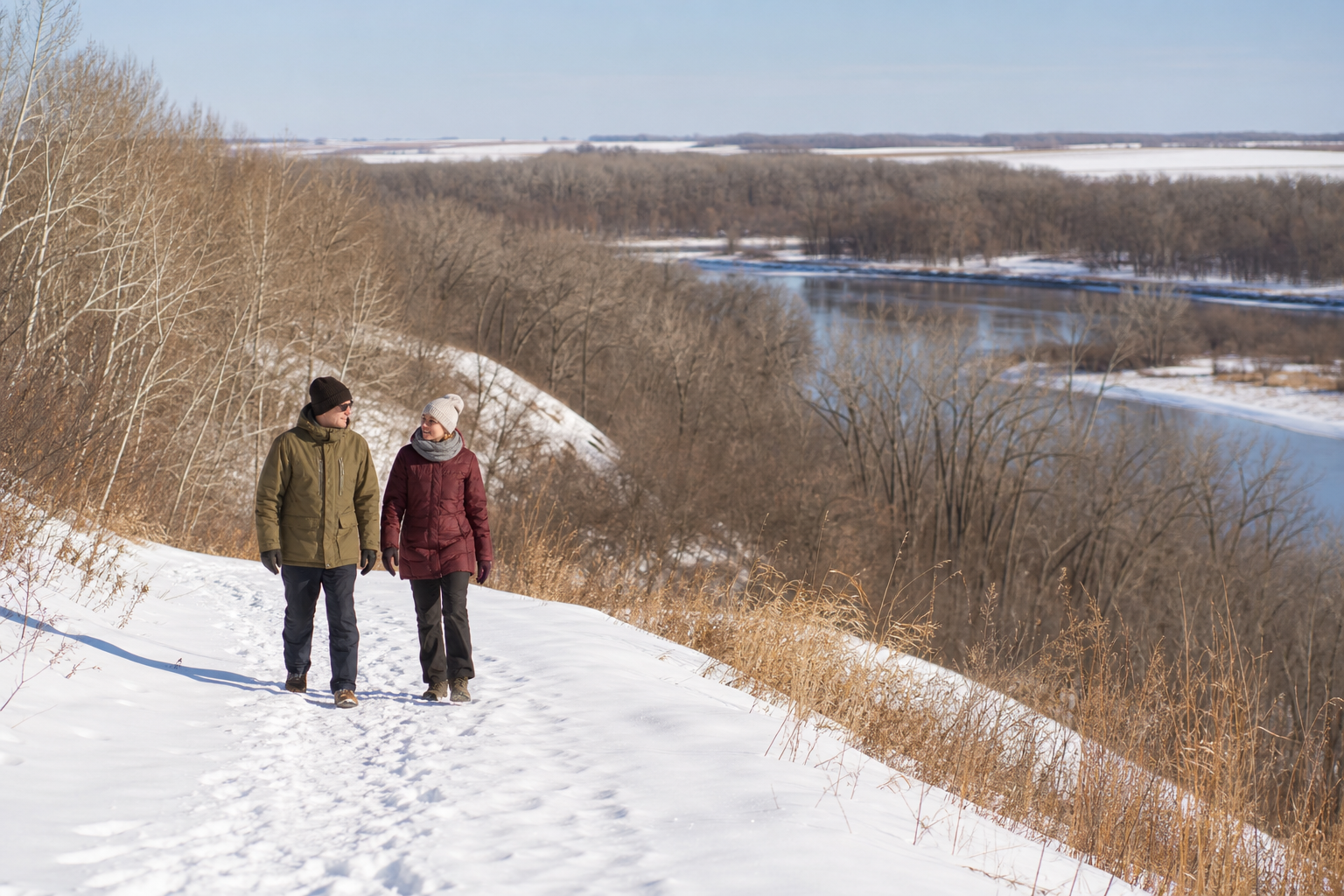 Two adults walk a snowy land trail above a wooded river valley