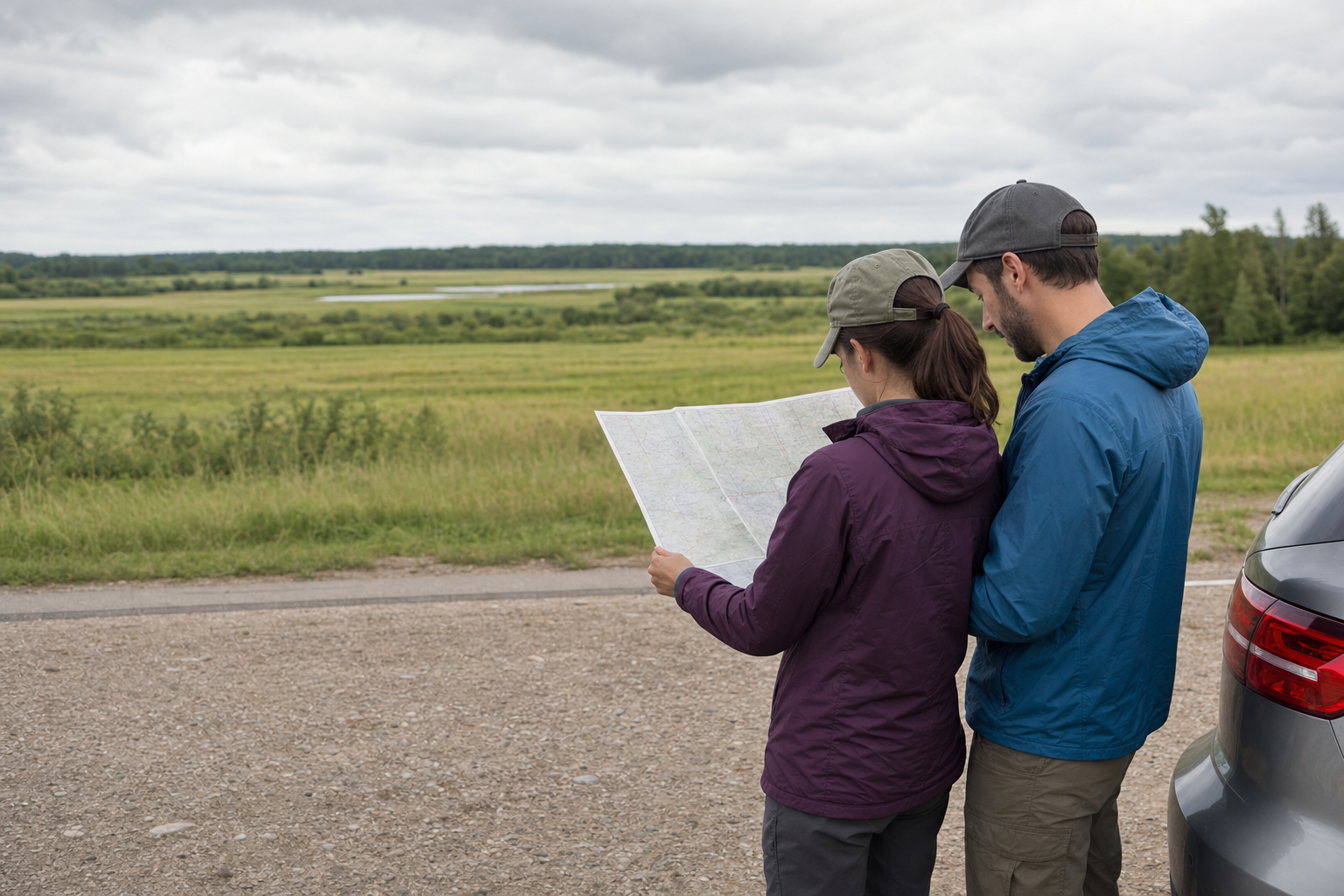 Two adults study a paper map above flat fields, wetlands and low forest