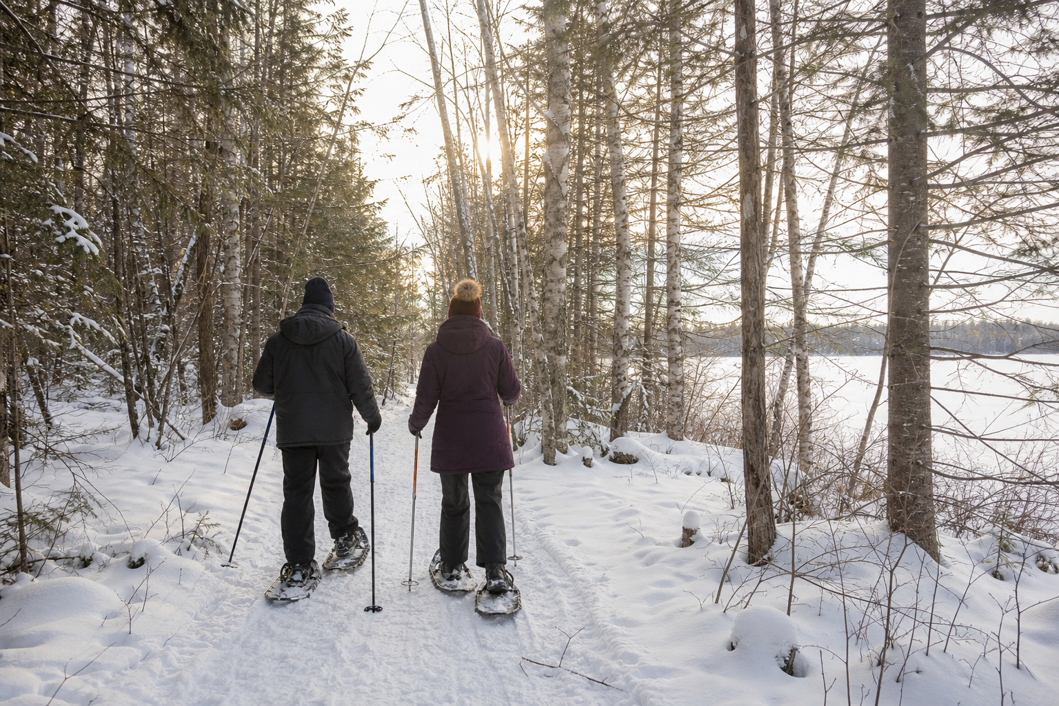 Two adults snowshoe on a forest land trail with a frozen lake visible through trees