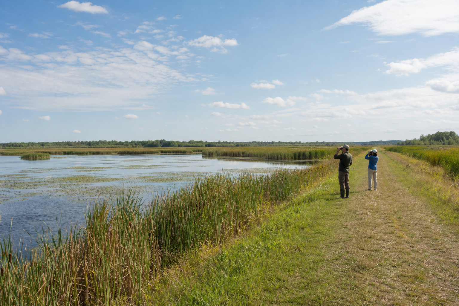 Two wildlife watchers scan a managed wetland pool from a low grassy dike