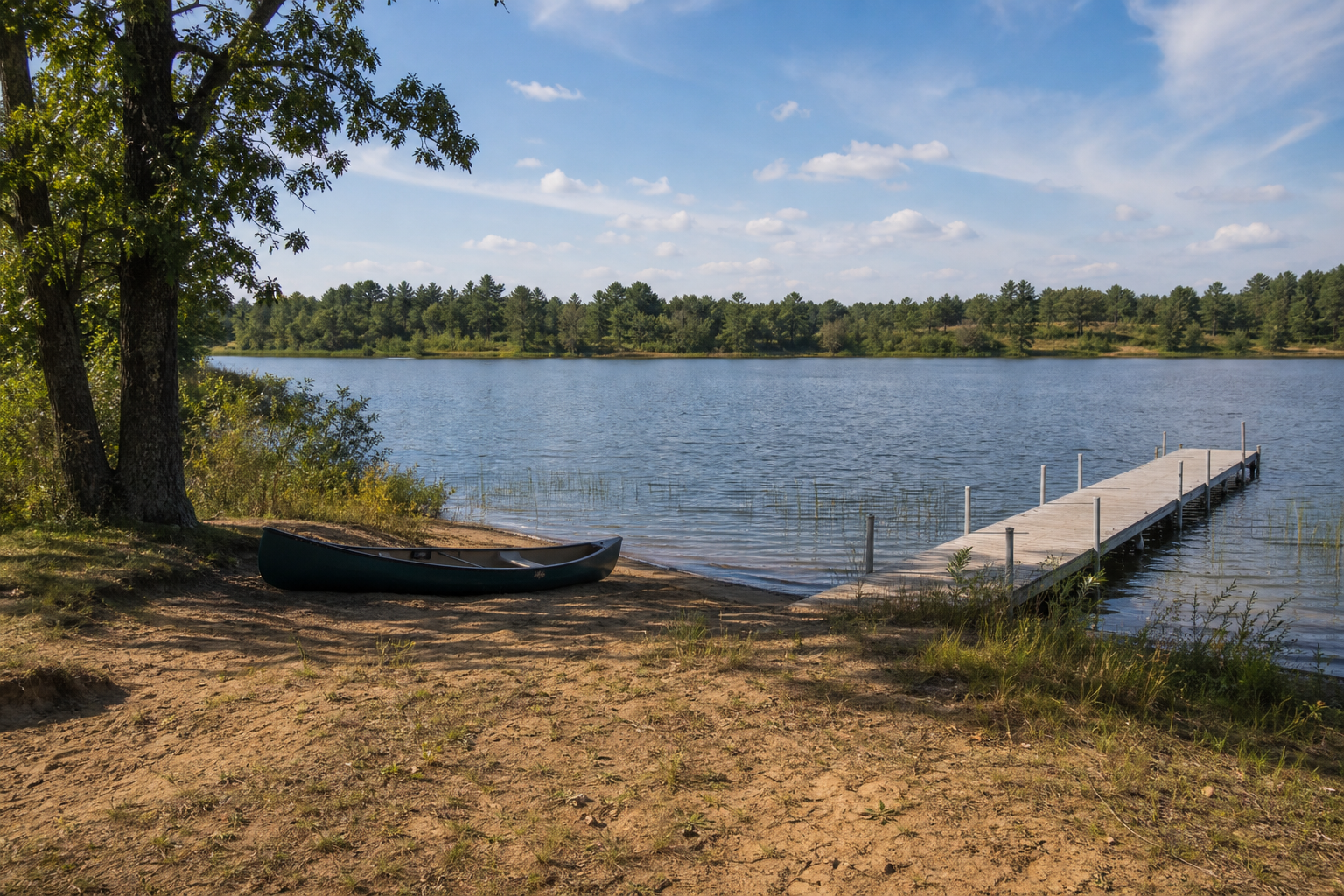 A canoe rests on a sandy oak-framed shore beside a modest central Minnesota lake and pier